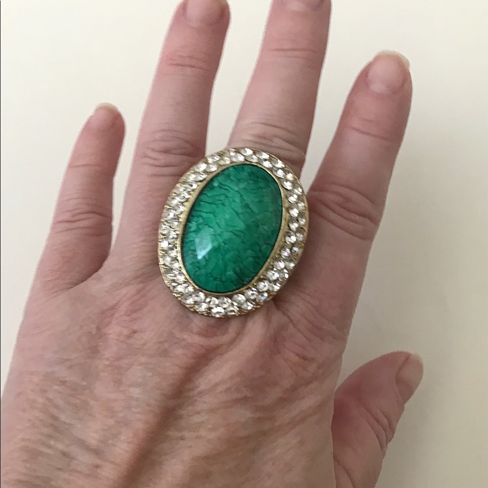 Beautiful Gold Tone Turquoise & CZ adjustable ring